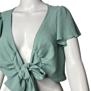Altar'd State Flutter Sleeve Front Tie Top Green Size Small